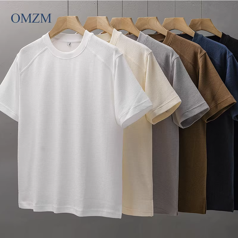 Áo thun ngắn tay kiểu waffle hạng nặng kiểu Mỹ OMZM dành cho nam và nữ, áo thun ngắn tay cổ tròn màu trơn cao cấp mùa hè, dáng rộng, nhanh khô