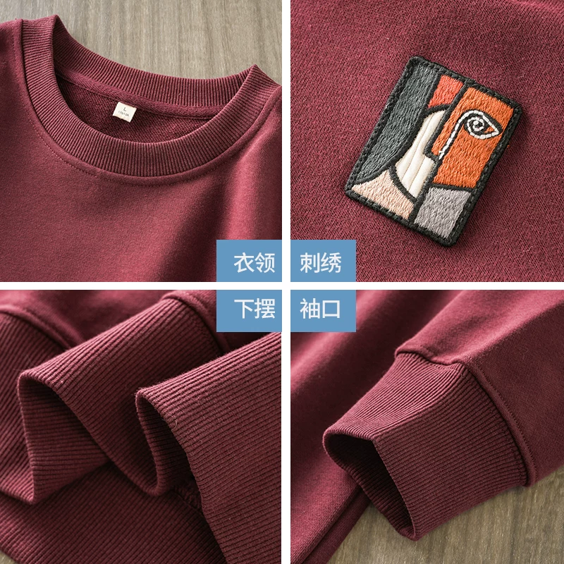 Áo len đỏ nặng OMZM360G dành cho nam, áo sơ mi cổ tròn thêu cổ điển kiểu Mỹ mùa xuân thu, áo khoác rộng rãi dành cho cặp đôi