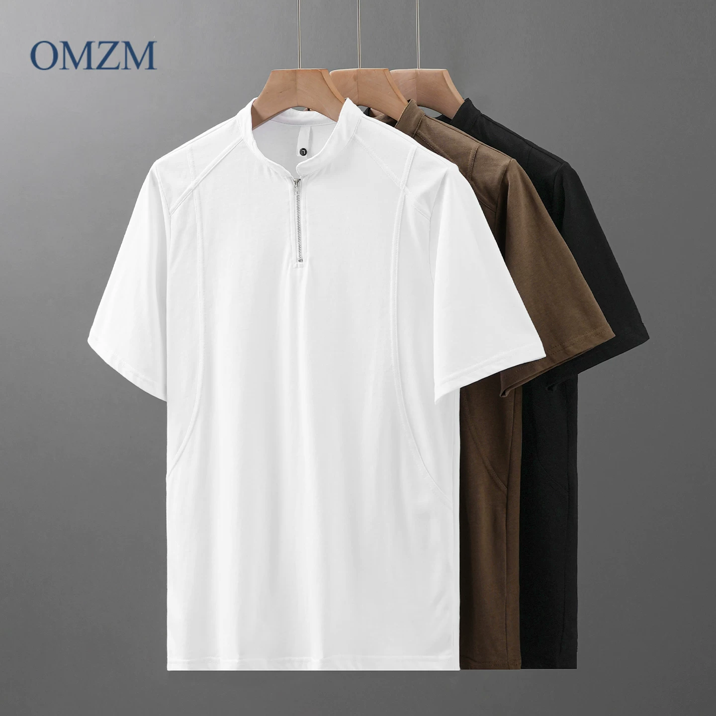 Áo thun cổ henley hạng nặng OMZM230G dành cho nam, áo thun ngắn tay mùa hè bằng cotton nguyên chất kiểu Mỹ, cổ đứng nửa khóa kéo, tay lửng dành cho nữ