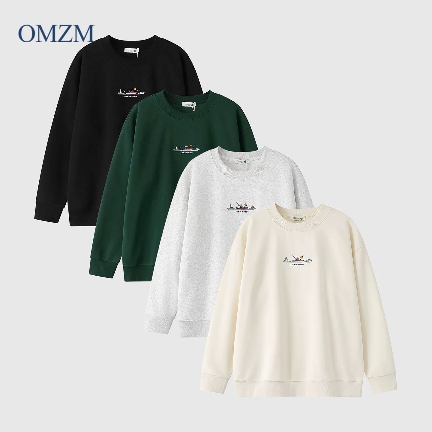 Áo nỉ thêu nặng OMZM dành cho nam, áo khoác không mũ trùm đầu kiểu dáng rộng rãi phong cách Mỹ mùa thu dành cho các cặp đôi