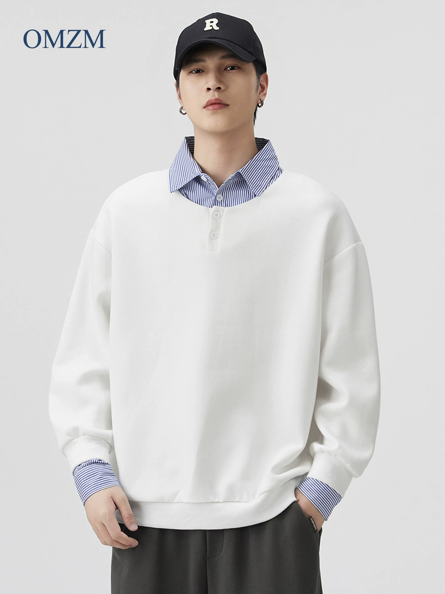 Áo nỉ POLO giả hai mảnh OMZM dành cho nam, áo khoác chắp vá cổ áo phong cách đại học mùa thu, áo chui đầu có ve áo rộng