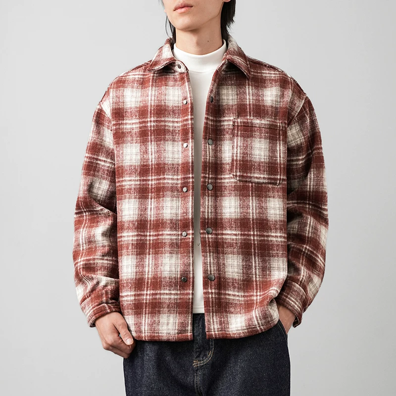 Áo khoác sơ mi kẻ sọc lót lông cừu OMZM dành cho nam, áo sơ mi len dày dặn ấm áp mùa thu đông, áo khoác thường ngày dày dặn kiểu Mỹ