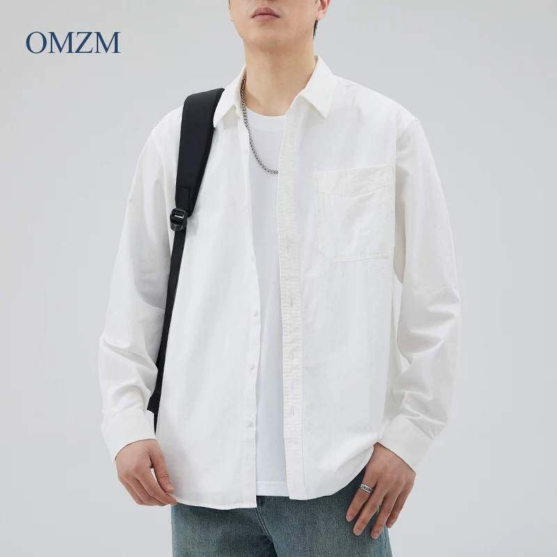 Áo sơ mi cotton nguyên chất hạng nặng OMZM dành cho nam, dài tay, kiểu xuân thu, áo khoác công sở có túi cổ điển, cổ bẻ, áo khoác sơ mi trắng.
