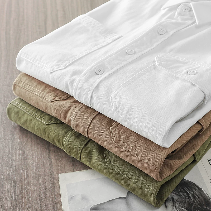 Áo sơ mi dài tay bằng cotton nguyên chất hạng nặng kiểu Mỹ dành cho nam, áo khoác có cổ rộng rãi cao cấp mùa thu đông, áo sơ mi trắng không cần là ủi