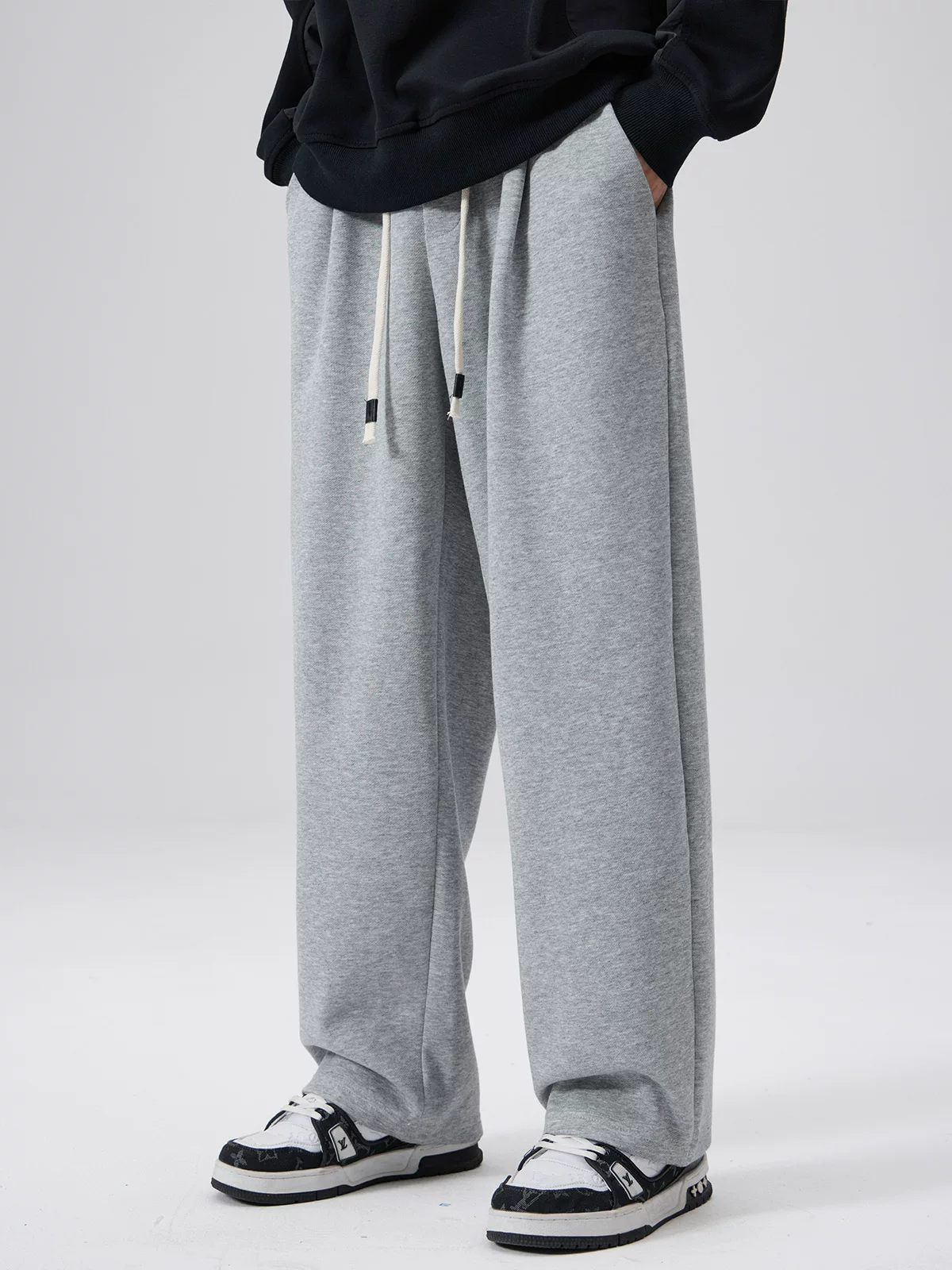 Quần thể thao ống thẳng bằng vải cotton pique hạng nặng OMZM dành cho nam, thương hiệu hợp thời trang mùa xuân và mùa thu, quần dáng rộng thoải mái, quần thể thao màu trơn