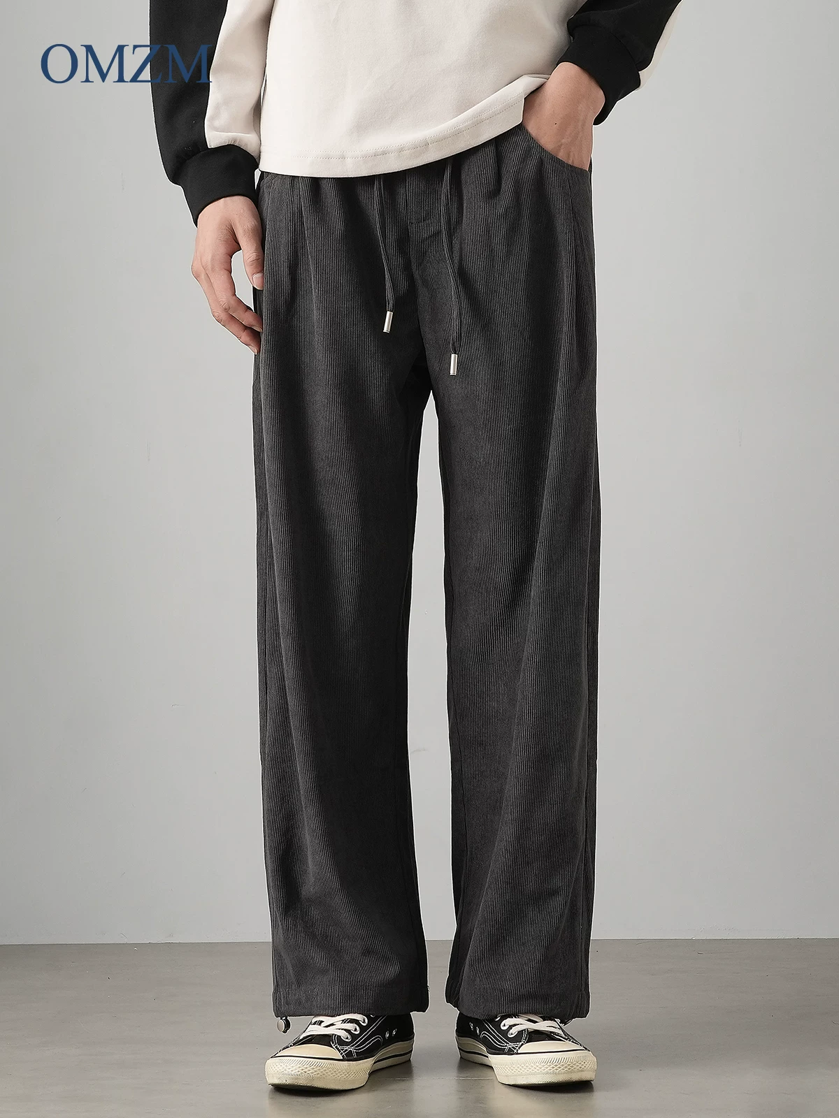 Quần nhung cotton hạng nặng OMZM dành cho nam, quần ống rộng dáng rộng mùa thu, quần dài ống thẳng dáng rộng kiểu Mỹ