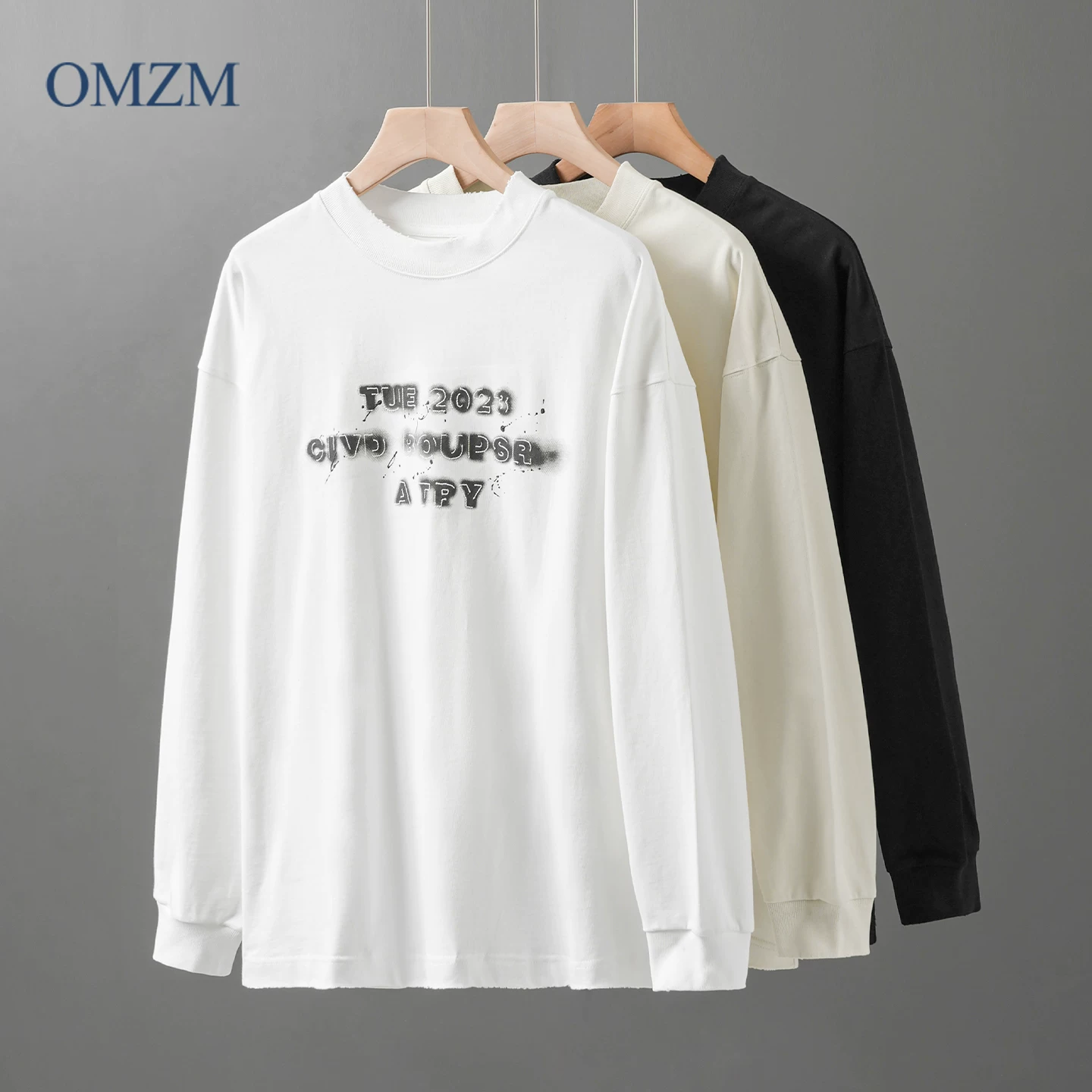 Áo thun dài tay cổ tròn bằng cotton nguyên chất hạng nặng OMZM dành cho nam, áo thun dài tay in chữ phong cách Mỹ mùa thu