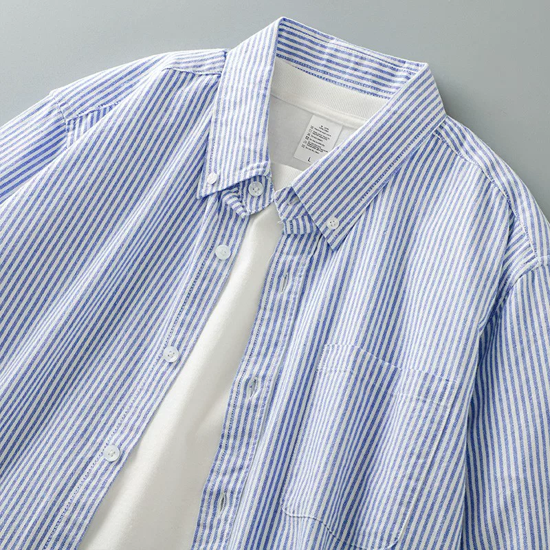 Áo sơ mi dài tay sọc dày dặn kiểu Mỹ dành cho nam, dáng rộng, cổ bẻ, áo lót, cảm giác cao cấp, áo lót thông thường.