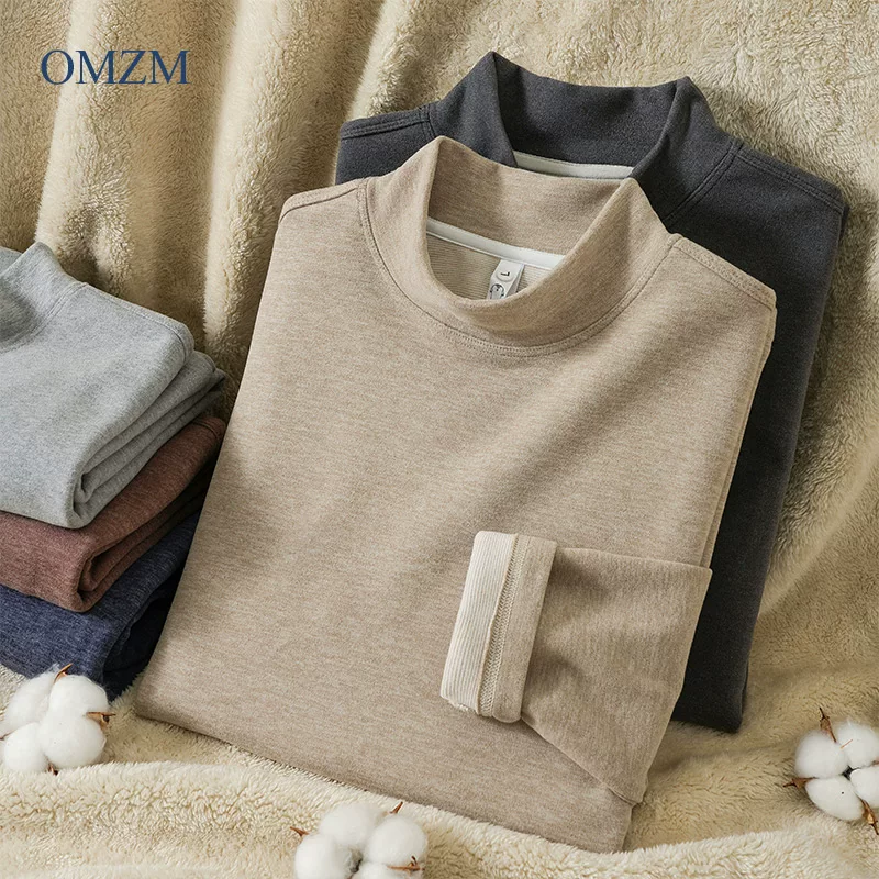 Áo sơ mi cổ cao nửa cổ bằng vải nhung OMZM dành cho nam, áo thun dài tay dày dặn ấm áp hai mặt nhung dày dặn mùa đông