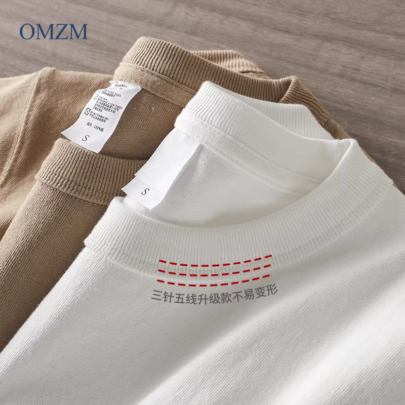 Áo thun dài tay hạng nặng ba kim 400G dành cho nam, áo sơ mi cotton nguyên chất màu trơn phong cách Mỹ mùa thu đông, áo nỉ trắng rộng rãi.