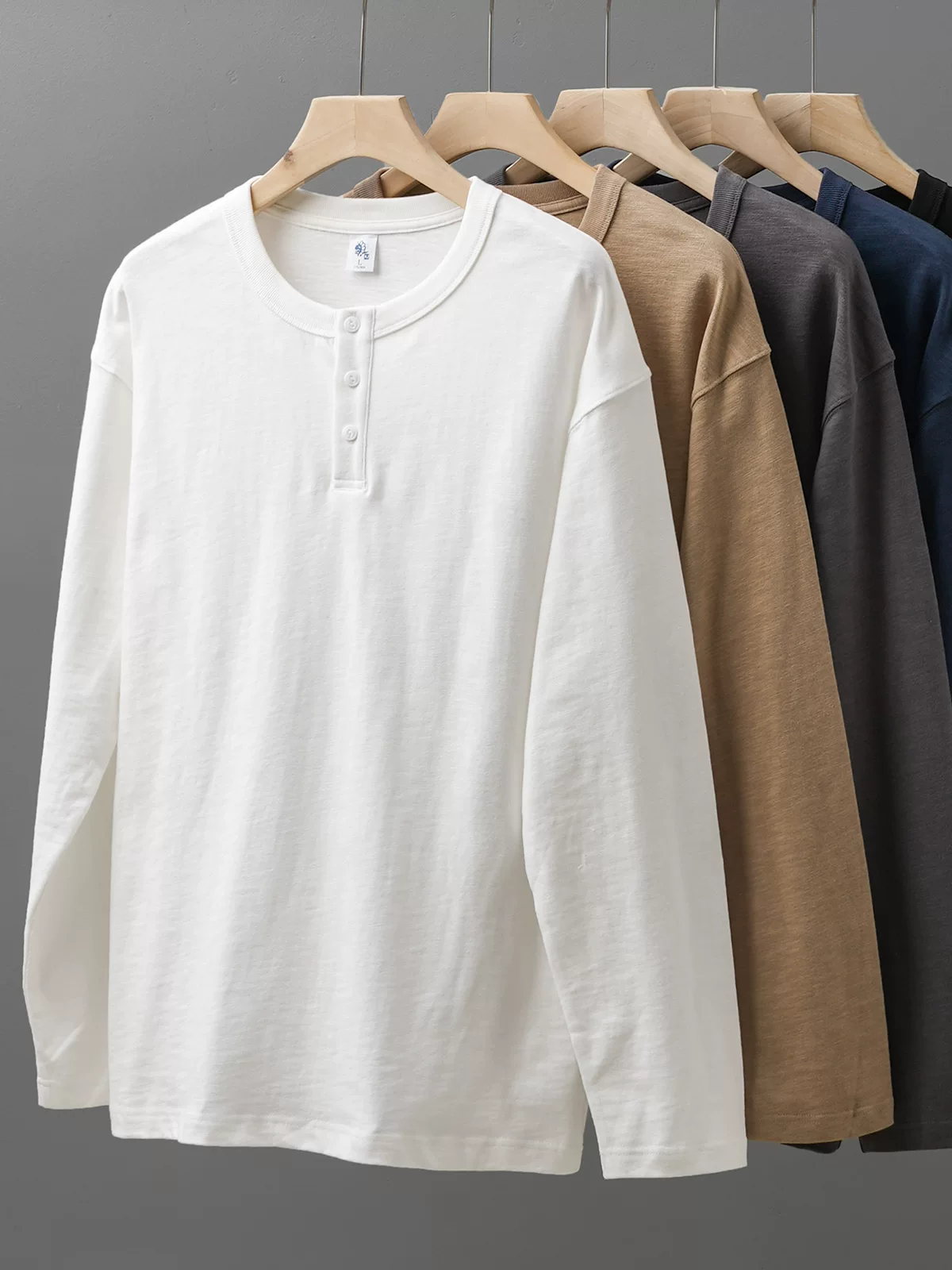 Áo thun cổ henley nam chất liệu cotton dày 400g, tay dài, kiểu vintage mùa thu, đường may ba lớp, chất liệu cotton nguyên chất.