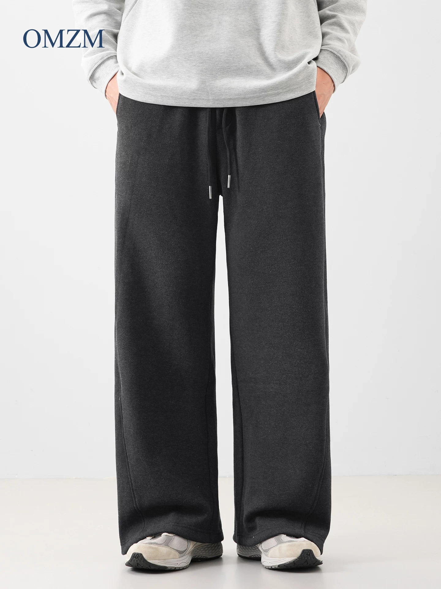 Quần thường ngày lót lông cừu hạng nặng OMZM480G dành cho nam, quần thường ngày ống rộng dáng thẳng mùa thu đông, quần ống rộng kiểu Mỹ.