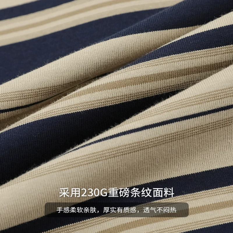 Áo thun ngắn tay sọc nặng 230G phong cách Mỹ OMZM dành cho nam, áo thun ngắn tay dáng rộng mùa hè phong cách hải quân thêu màu khối