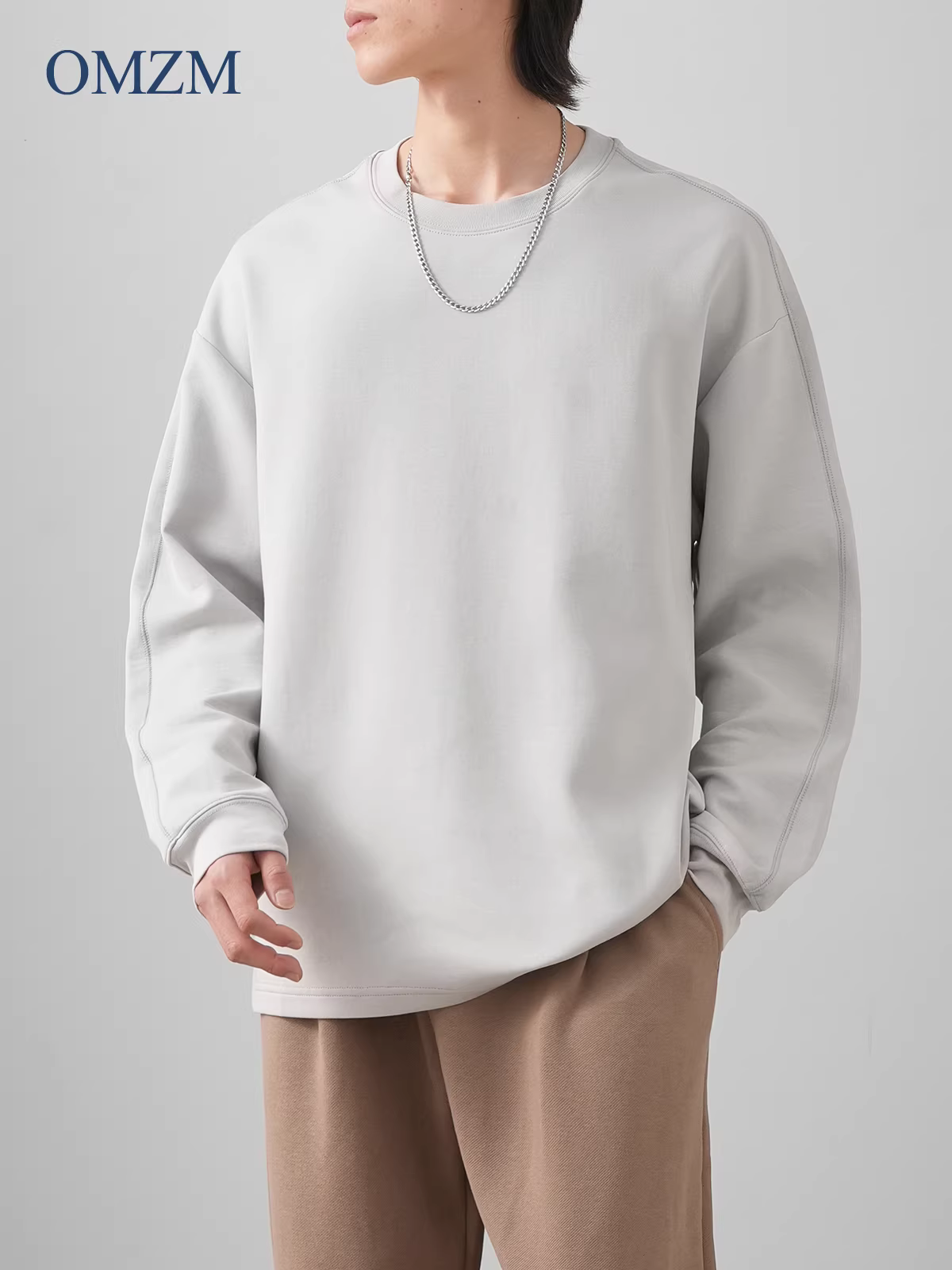 Áo thun dài tay lớp khí hạng nặng OMZM300G dành cho nam, áo sơ mi cơ bản màu trơn cỡ lớn dáng rộng mùa xuân thu, áo nỉ cổ tròn