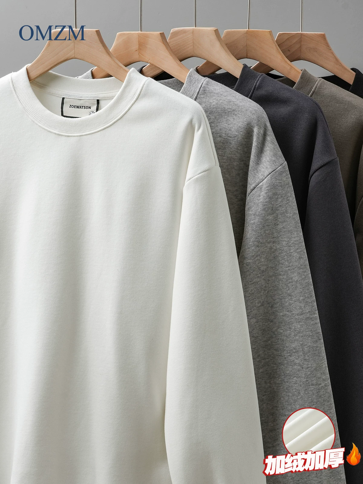 Áo thun cổ tròn lót lông cừu dành cho nam, áo lót màu trắng dày dặn mùa đông, dáng rộng, áo thun dài tay nặng 400G.