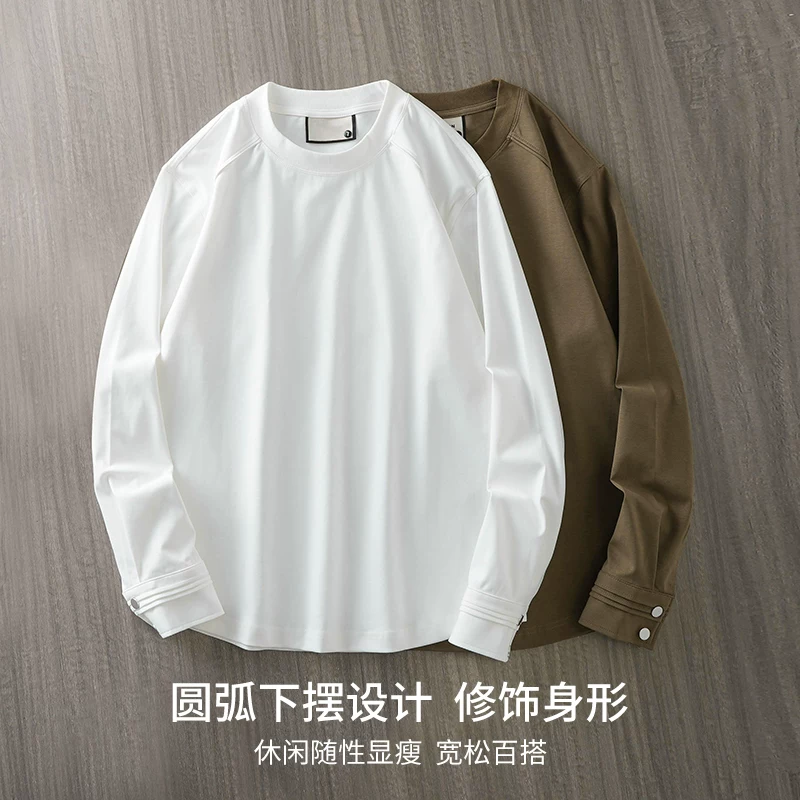 Áo thun dài tay hạng nặng OMZM400G dành cho nam, áo sơ mi mặc lớp trong mùa xuân thu, áo nỉ cổ tròn rộng màu trắng tinh khiết sành điệu