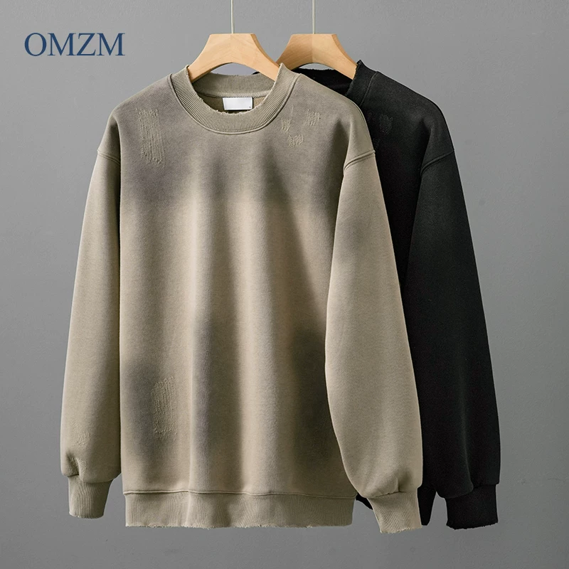 Áo nỉ hạng nặng OMZM500G dành cho nam, áo sơ mi cổ tròn dày dặn ấm áp mùa thu đông, áo khoác kiểu Mỹ cổ điển.