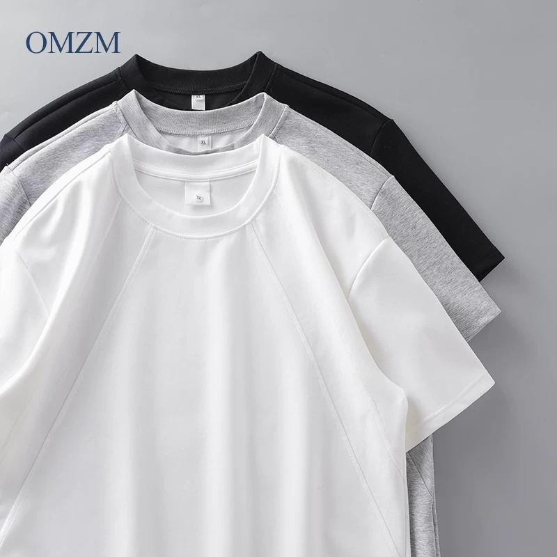 Áo thun ngắn tay bằng vải cotton hạng nặng OMZM280G dành cho nam, áo thun trắng chắp vá mùa hè, dáng rộng, tay lửng vai thường.