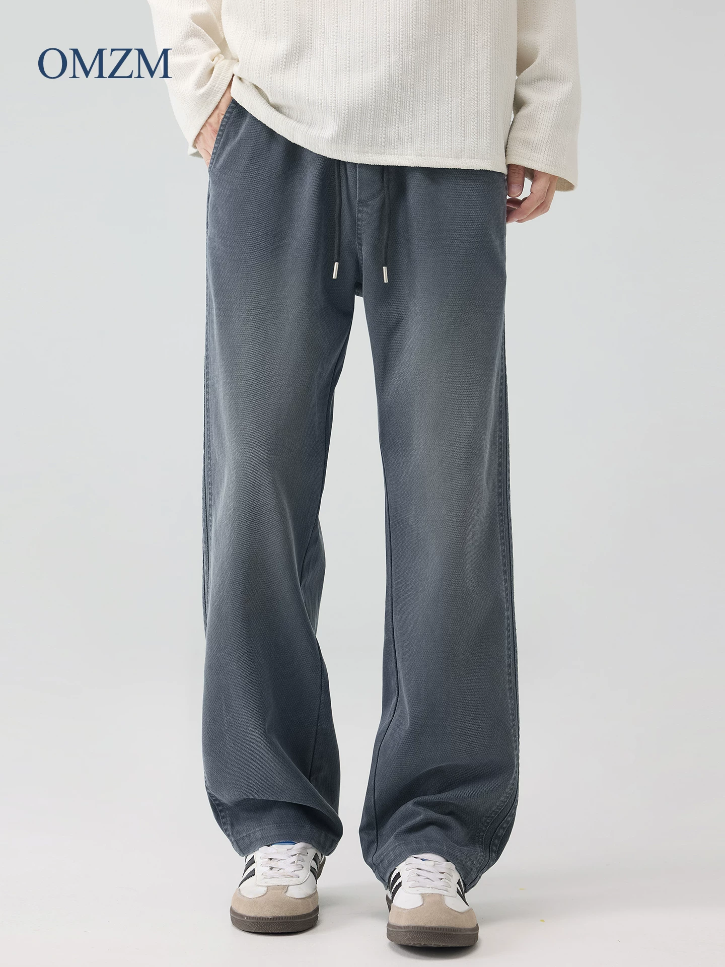 Quần jean lót lông cừu OMZM dành cho nam, quần ống rộng kiểu Mỹ mùa thu đông, quần ống rộng dáng thẳng, quần lyocell.