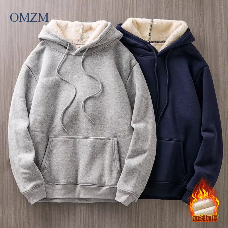 Áo len có mũ trùm đầu bằng len cừu nặng 500G dành cho nam, áo len dày lót lông cừu mùa đông, áo khoác ấm màu trơn dành cho thanh thiếu niên