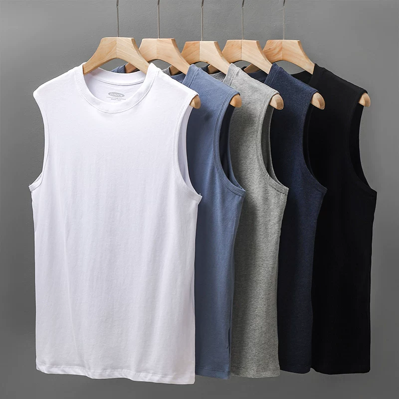 Áo thun nam không tay, chất liệu cotton nguyên chất, cổ tròn, mặc trong mùa hè, áo vest thể thao màu trắng tinh khiết, dáng rộng.
