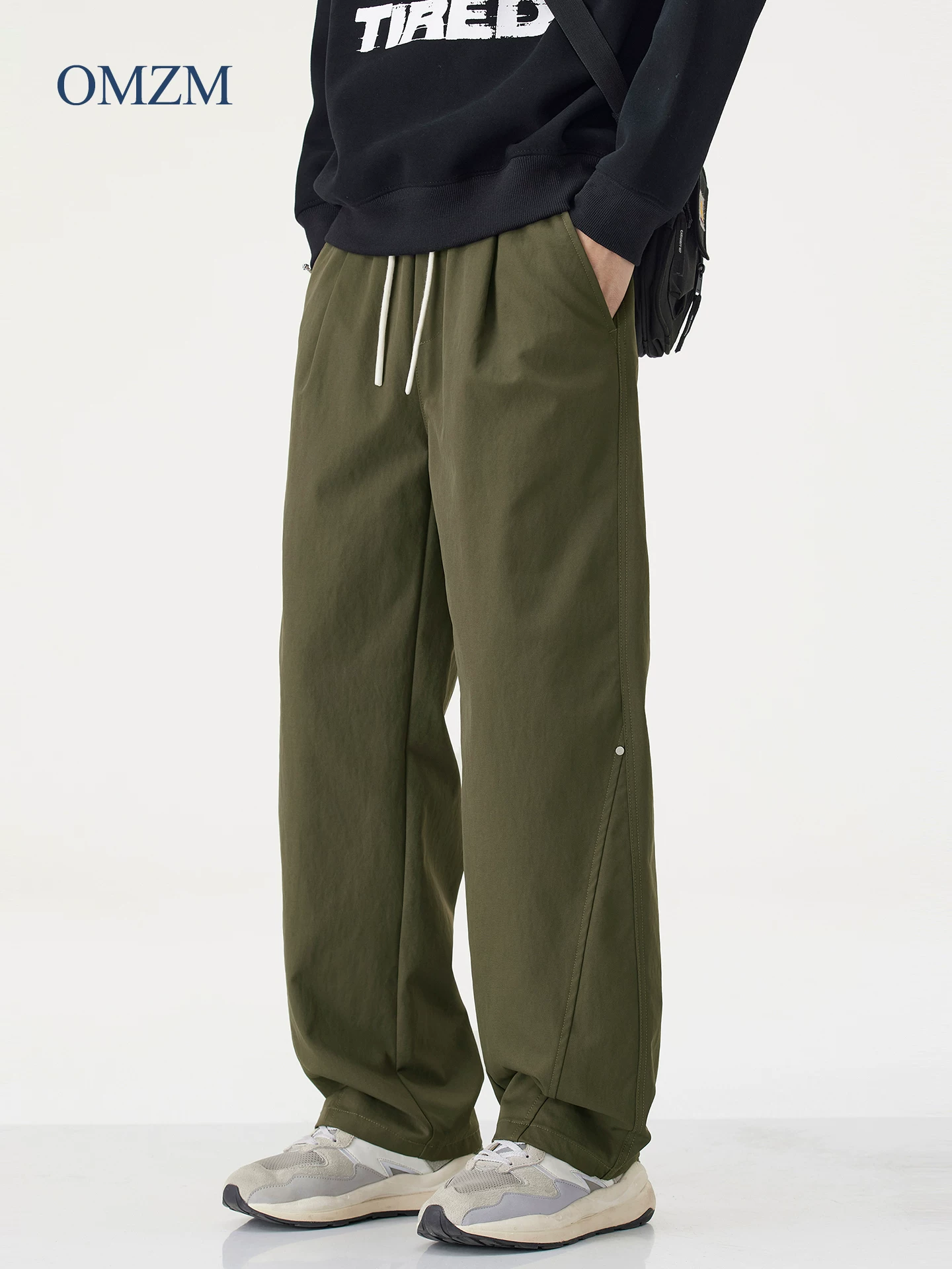 Quần âu kiểu Mỹ OMZM dành cho nam, quần ống đứng dáng rộng mùa thu có xếp nếp, quần ống rộng, quần công sở cổ điển thể thao