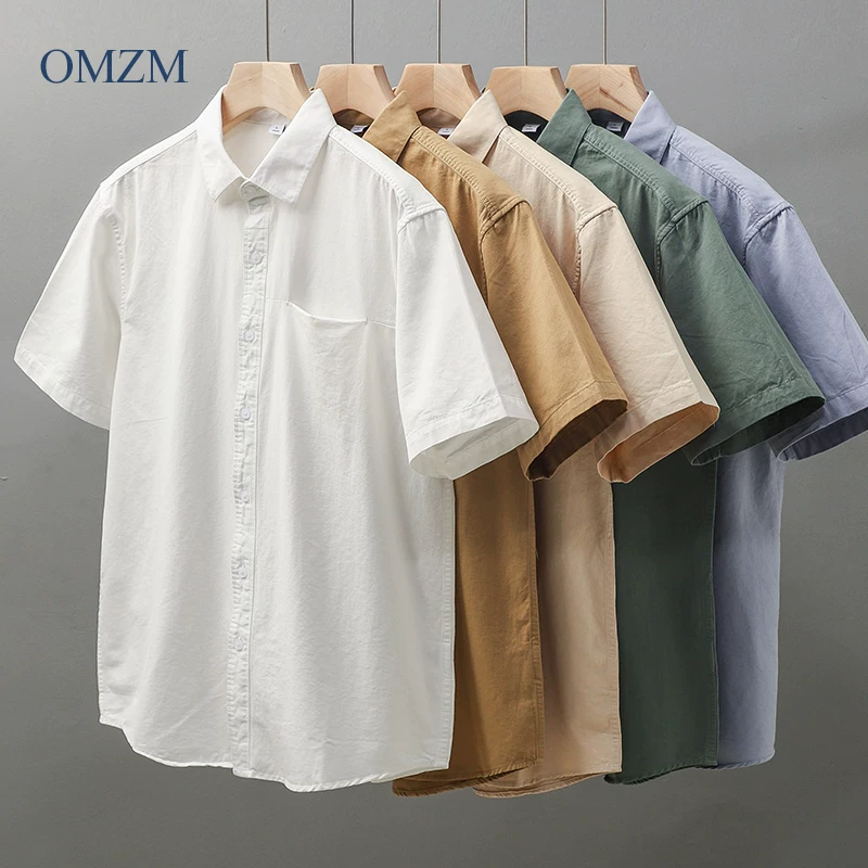 OMZM Áo sơ mi ngắn tay hạng nặng cao cấp kiểu Mỹ dành cho nam, áo khoác có cổ thường ngày kiểu Nhật mùa hè, áo sơ mi trắng cotton nguyên chất