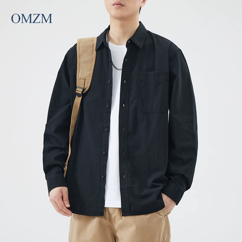 Áo sơ mi cotton nguyên chất hạng nặng OMZM dành cho nam, dài tay, kiểu xuân thu, áo khoác công sở có túi cổ điển, cổ bẻ, áo khoác sơ mi trắng.