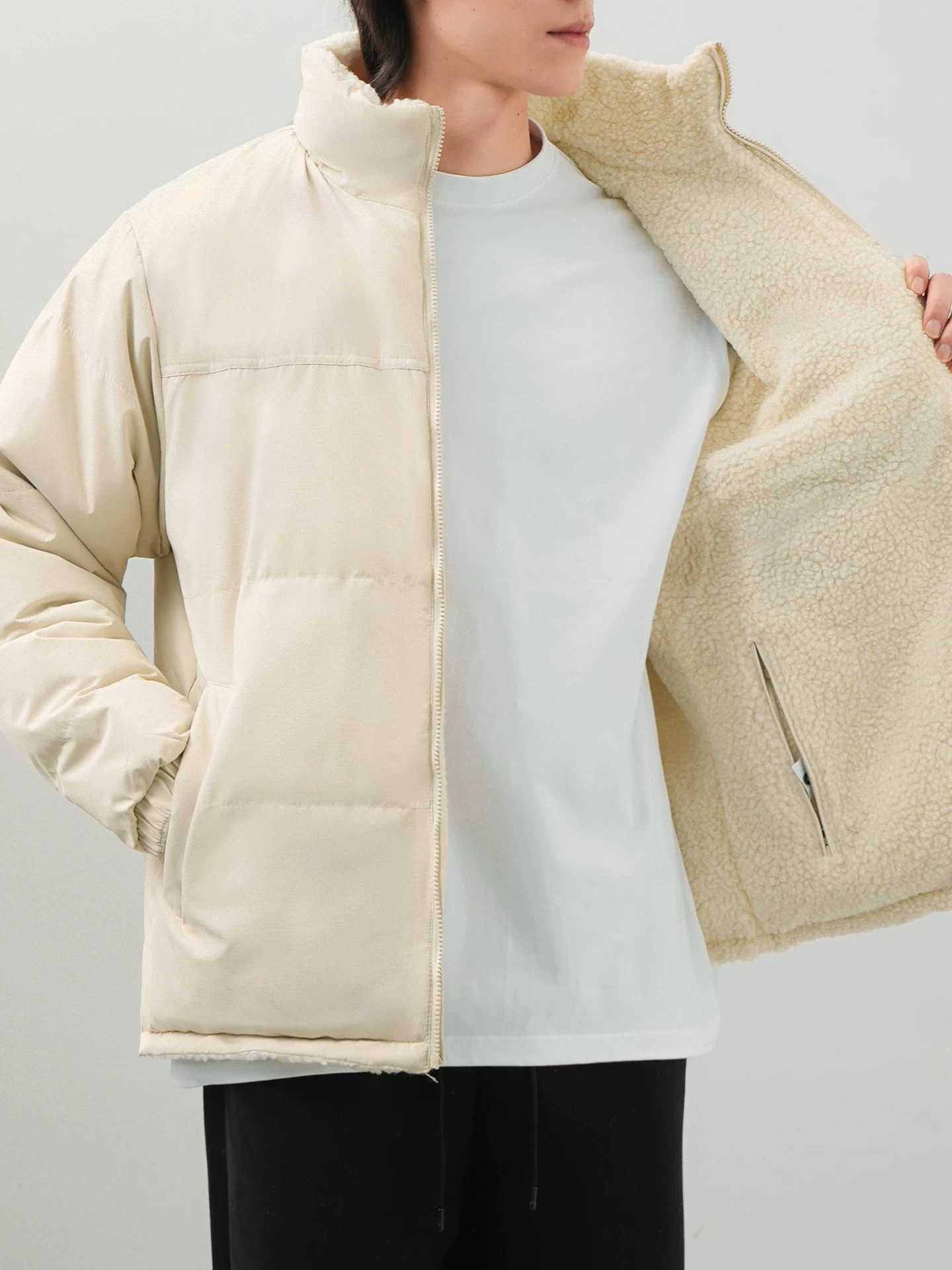 Áo khoác cotton cổ đứng có thể đảo ngược OMZM dành cho nam, áo khoác lông cừu dày kiểu Mỹ mùa đông, dáng rộng, lót lông cừu, áo khoác phao ấm áp.