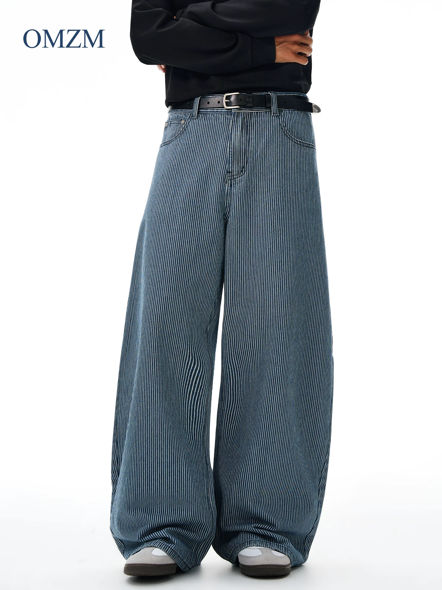 Quần jeans sọc retro OMZM dành cho nam mùa đông 2025, kiểu dáng mới, rộng rãi, thẳng, thời thượng, phong cách đường phố Mỹ, kiểu quần lửng.