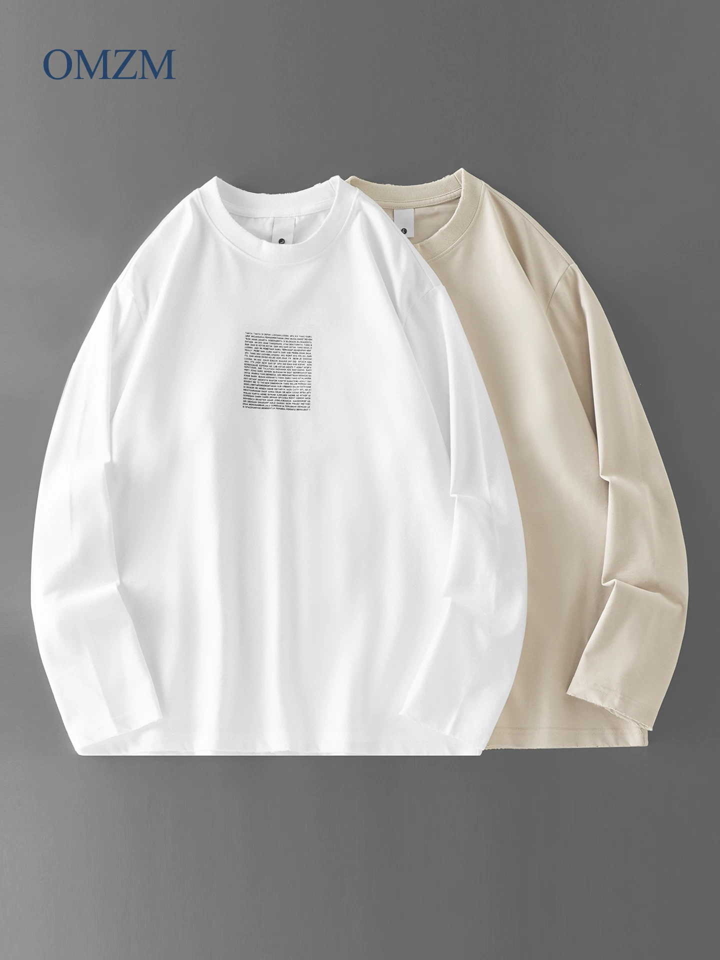 Áo thun dài tay in chữ nặng OMZM dành cho nam, áo sơ mi màu trắng mùa thu, áo chui đầu cổ tròn cổ điển kiểu Mỹ để mặc nhiều lớp.