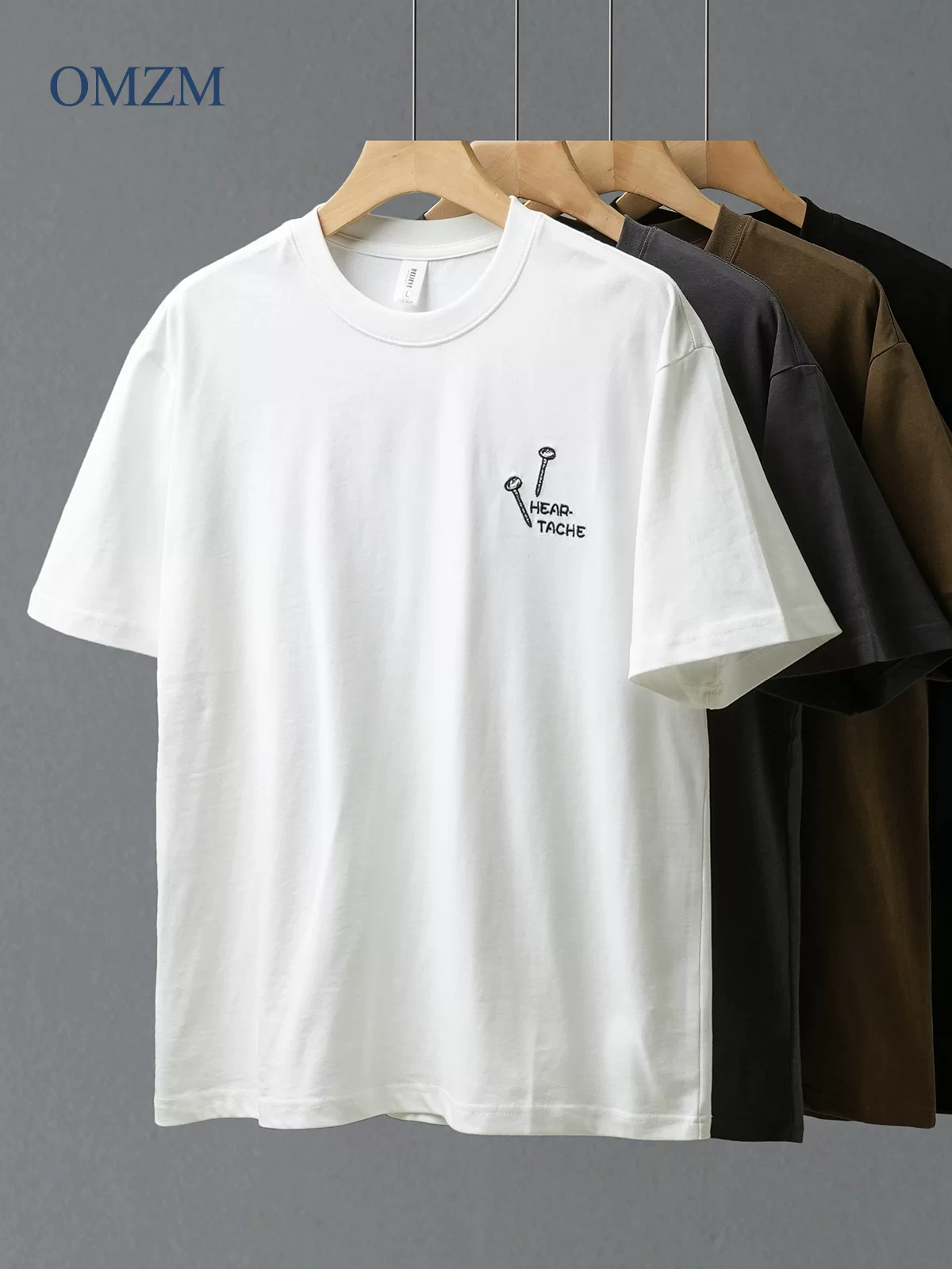 [Thêu chữ bằng ghim] Áo thun ngắn tay bằng cotton nguyên chất hạng nặng dành cho nam, áo sơ mi cổ tròn thoáng khí và rộng rãi cho mùa hè.