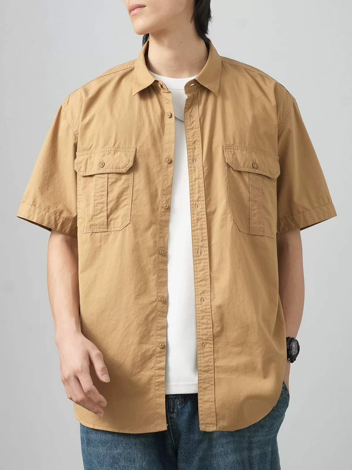 Áo sơ mi công sở cotton dày kiểu Mỹ OMZM dành cho nam, tay ngắn, mùa hè, cao cấp, dáng rộng, áo khoác sơ mi trắng có túi