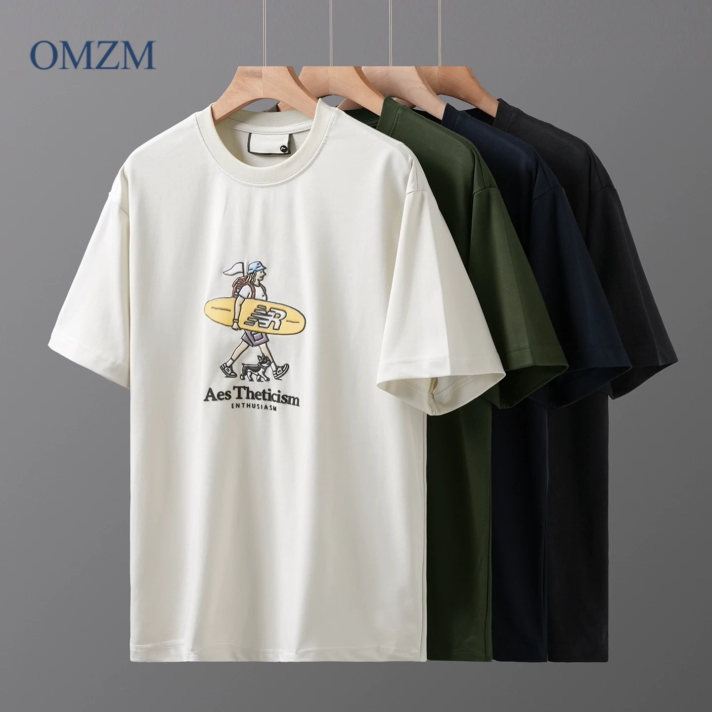 Áo thun OMZM lụa băng tạo cảm giác mát mẻ ngắn tay dành cho nam mùa hè kiểu Mỹ dáng rộng in hình hoạt hình cổ tròn nửa tay áo thun kháng khuẩn 7A