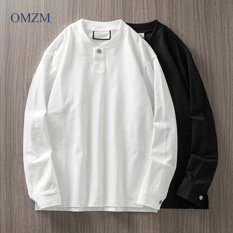 Áo thun dài tay bằng vải cotton tre nặng 320G kiểu Mỹ dành cho nam, áo sơ mi cổ điển bằng cotton nguyên chất mùa xuân và mùa thu, áo len cổ bóng chày màu trơn