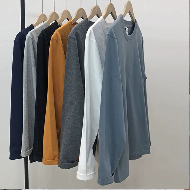 Áo thun dài tay hạng nặng OMZM300g dành cho nam, phong cách xuân thu, áo len cổ tròn dáng rộng, áo sơ mi cotton nguyên chất màu trắng tinh khiết phong cách Mỹ