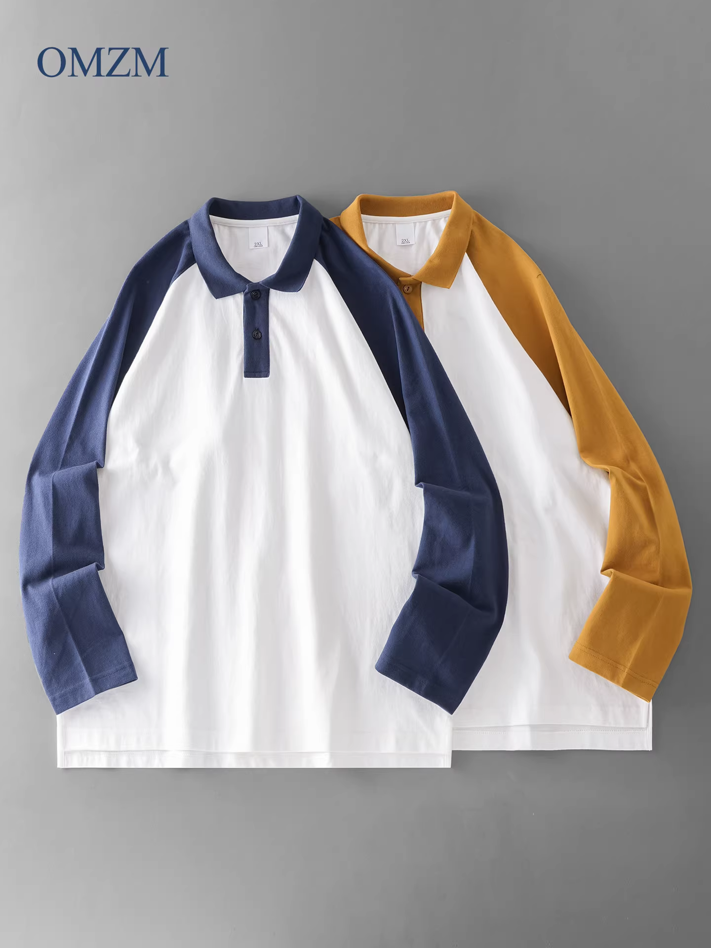 Áo sơ mi POLO chất liệu cotton nguyên chất hạng nặng OMZM320G dành cho nam, áo sơ mi dài tay phối màu raglan mùa thu, áo len dáng rộng cổ bẻ.