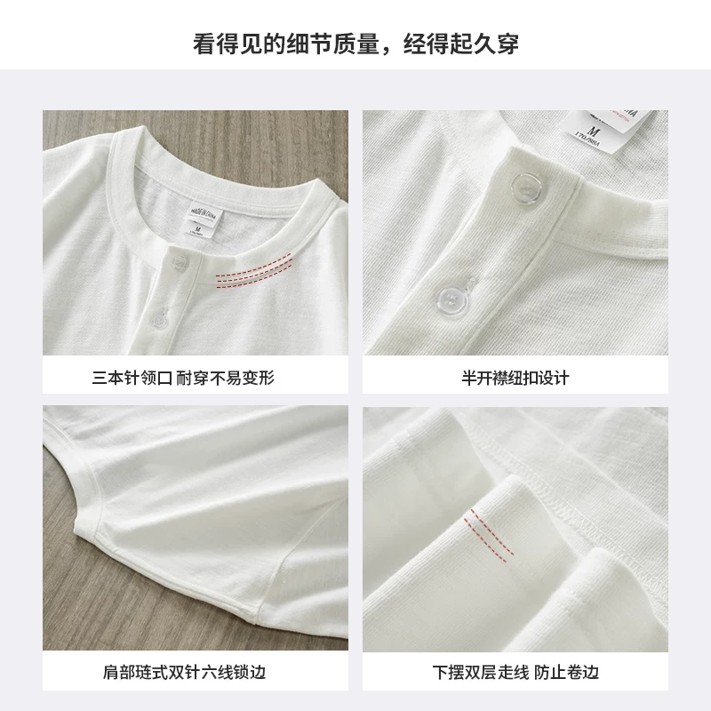 Áo thun nam cổ henley tay ngắn 400G, phong cách casual mùa hè kiểu Mỹ, áo henley cotton nguyên chất retro Mỹ