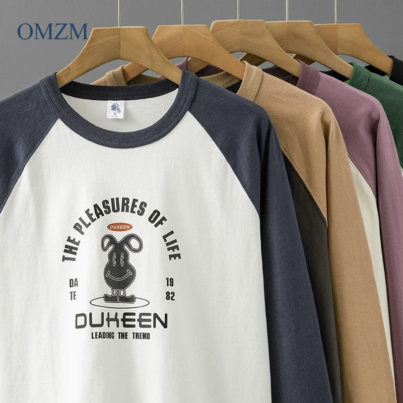 Áo thun dài tay bằng cotton nguyên chất hạng nặng OMZM320G dành cho nam, áo lót mùa thu đông với tay áo raglan màu tương phản và áo len cổ tròn.