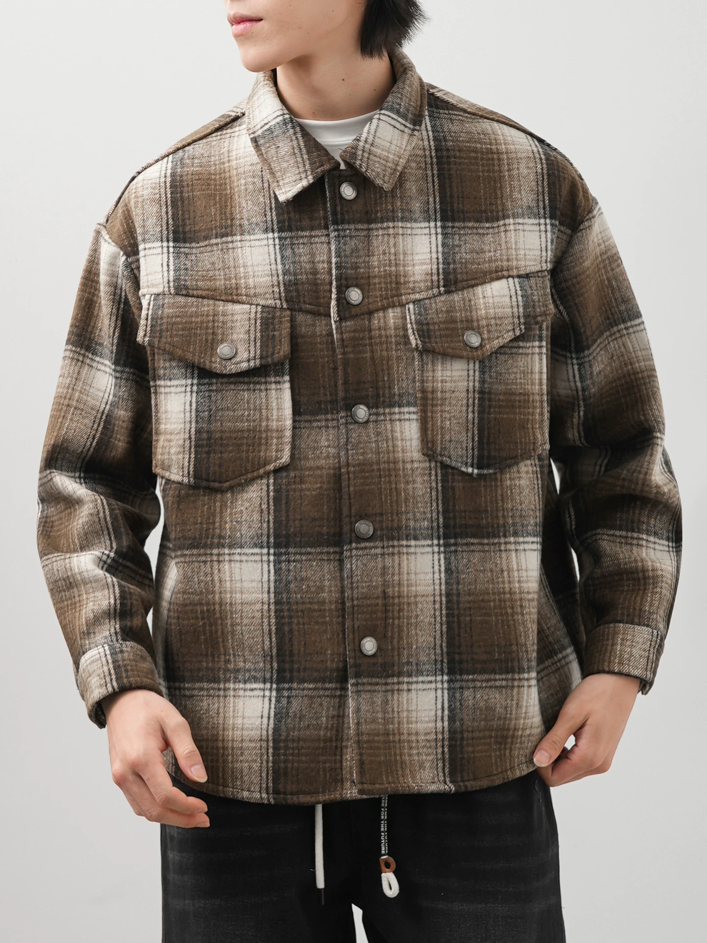 Áo sơ mi kẻ sọc lót lông cừu OMZM750G dành cho nam, áo khoác dày dặn giữ ấm mùa đông, áo sơ mi họa tiết phong cách retro Anh quốc