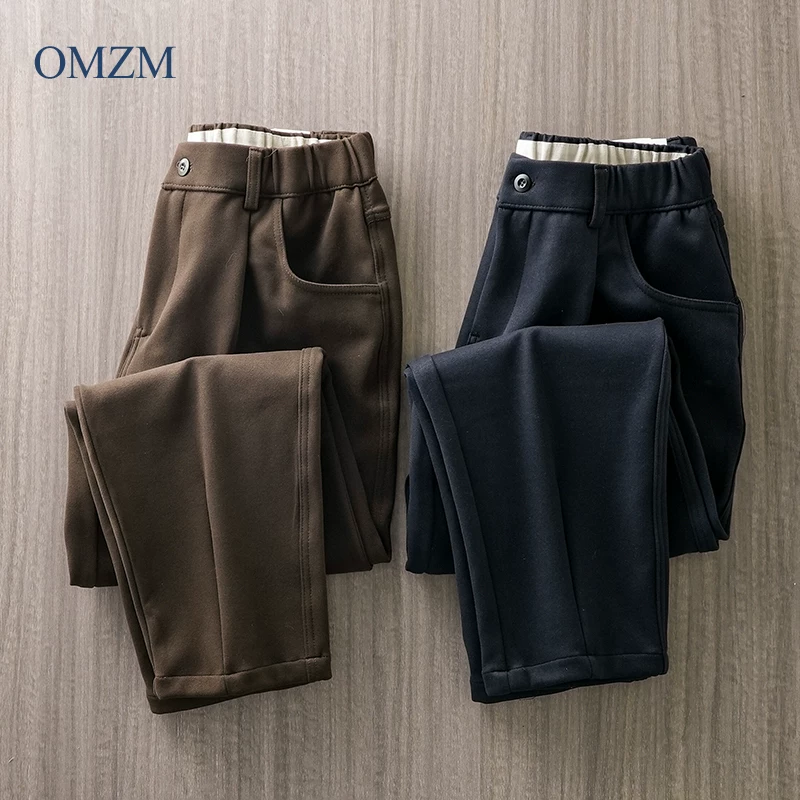 Quần âu nam chất liệu len dày OMZM, quần âu dày dặn giữ ấm phong cách retro mùa đông, quần ống đứng rộng rãi, chống nhăn, kiểu dáng thon gọn