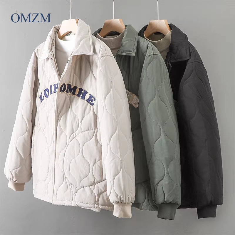 Áo khoác cotton thêu chữ cổ điển kiểu Mỹ dành cho nam, dáng rộng, cổ bẻ, dày dặn cho mùa đông, áo khoác cotton ấm áp, áo khoác ngoài hợp thời trang.