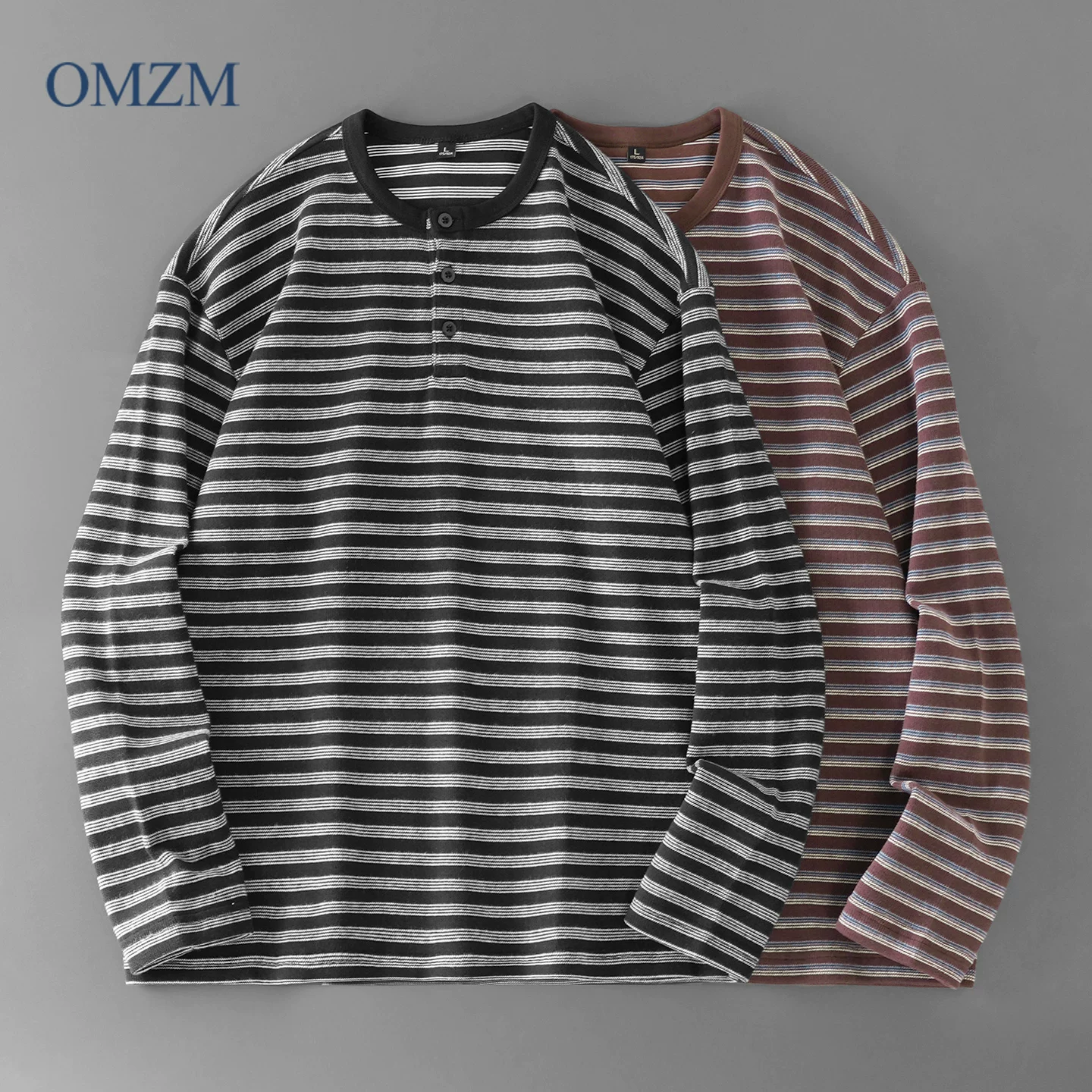 Áo thun cổ henley hạng nặng OMZM360G dành cho nam, áo sơ mi henley dài tay cổ điển kiểu Mỹ mùa thu với áo chui đầu sọc phối màu