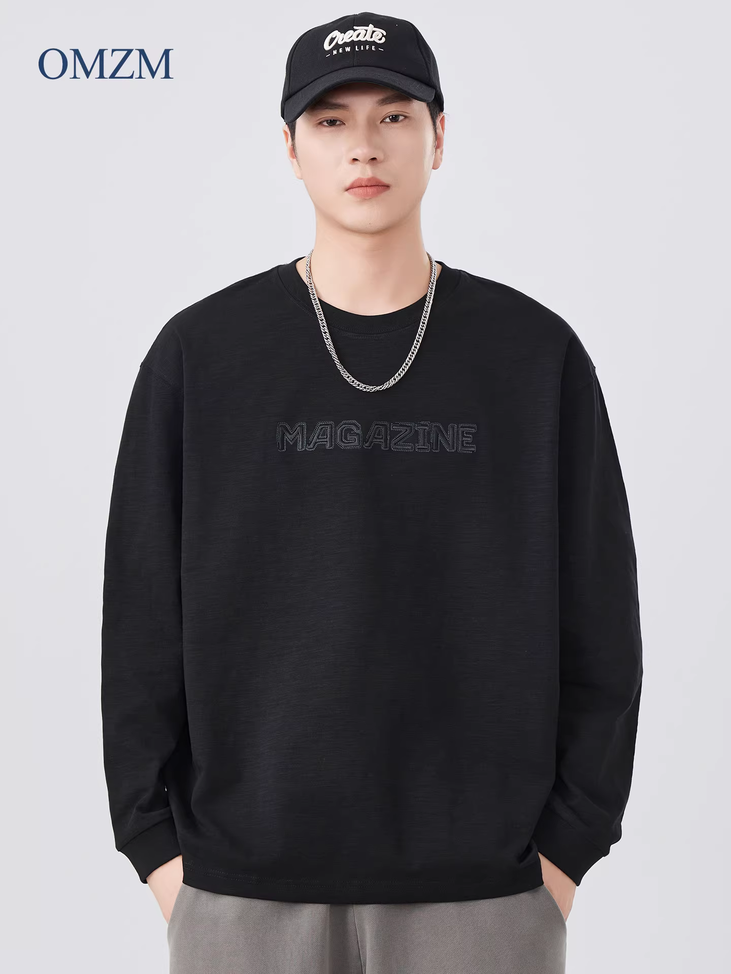 Áo thun dài tay bằng vải cotton hạng nặng OMZM230G dành cho nam, áo sơ mi thêu mùa thu đông, áo sơ mi cổ tròn bằng cotton nguyên chất kiểu Mỹ.