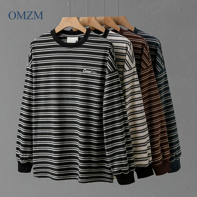 Áo thun dài tay sọc nhung dày OMZM dành cho nam, áo len cổ tròn dáng rộng mùa đông 2024, áo lót dày dặn và ấm áp, hợp thời trang.