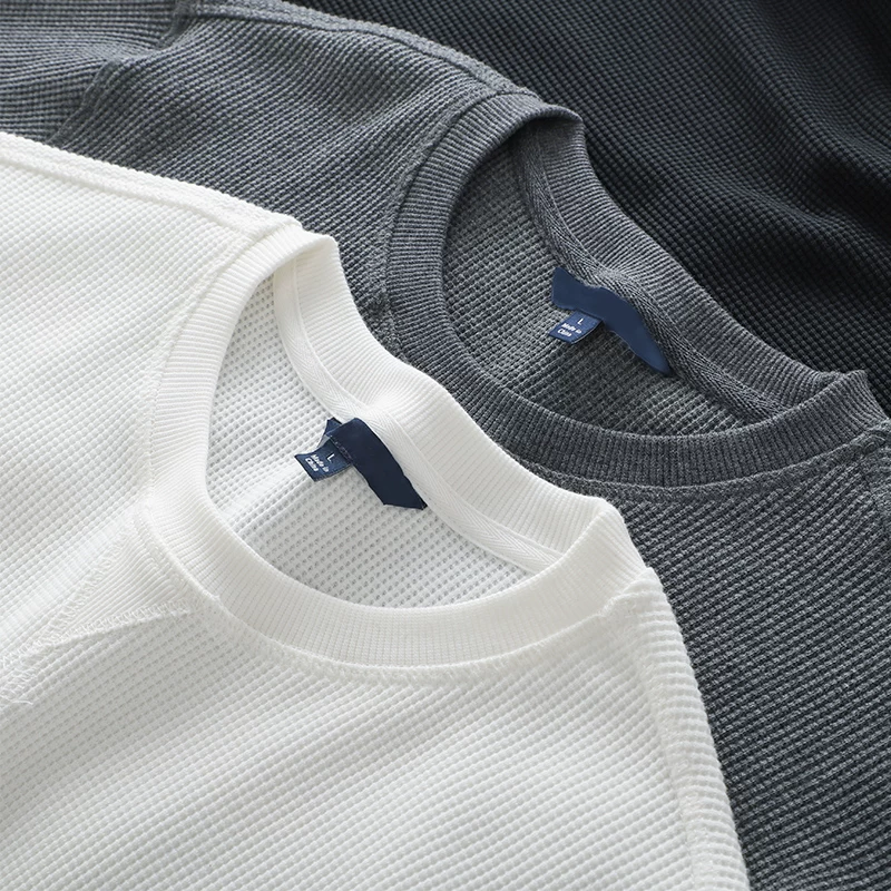 Áo len dệt kim kiểu nặng kiểu Mỹ của OMZM dành cho nam, áo sơ mi mùa thu hình tam giác ngược bằng cotton nguyên chất cao cấp, áo khoác cổ tròn màu trơn.