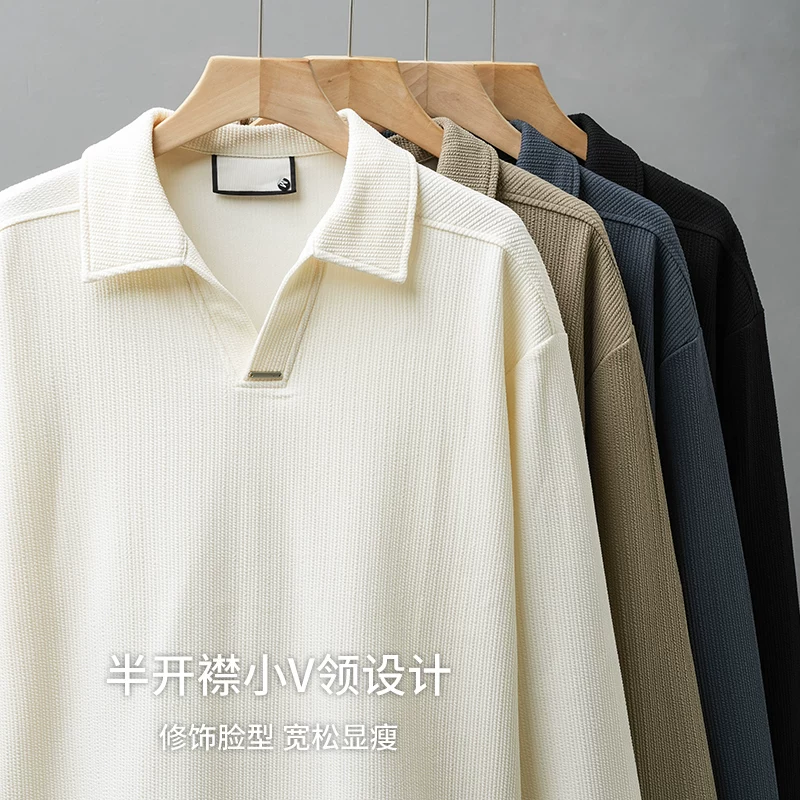 Áo len cổ chữ V dày dặn phong cách tiền cổ dành cho nam, áo sơ mi POLO dài tay chất liệu jacquard mùa xuân thu, áo sơ mi cổ hải âu kiểu Mỹ.
