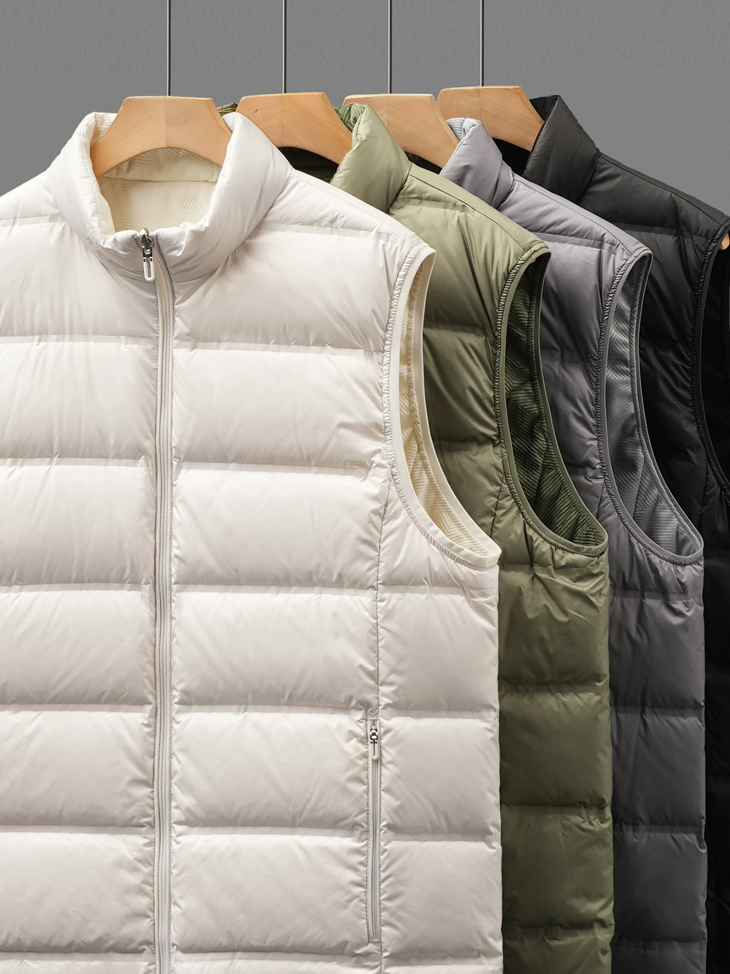 Áo vest lông vịt trắng OMZM90 dành cho nam, áo vest ngắn có gân ấm áp mùa đông, áo khoác không tay dày dặn.