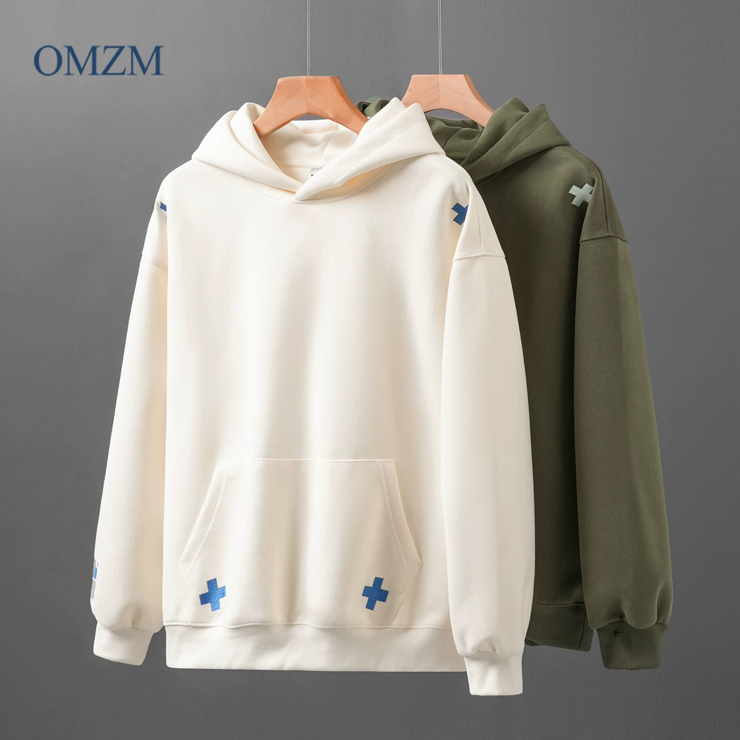 Áo nỉ thêu nặng OMZM400G dành cho nam, áo chui đầu dáng rộng phong cách Mỹ mùa thu, áo khoác có mũ rộng rãi