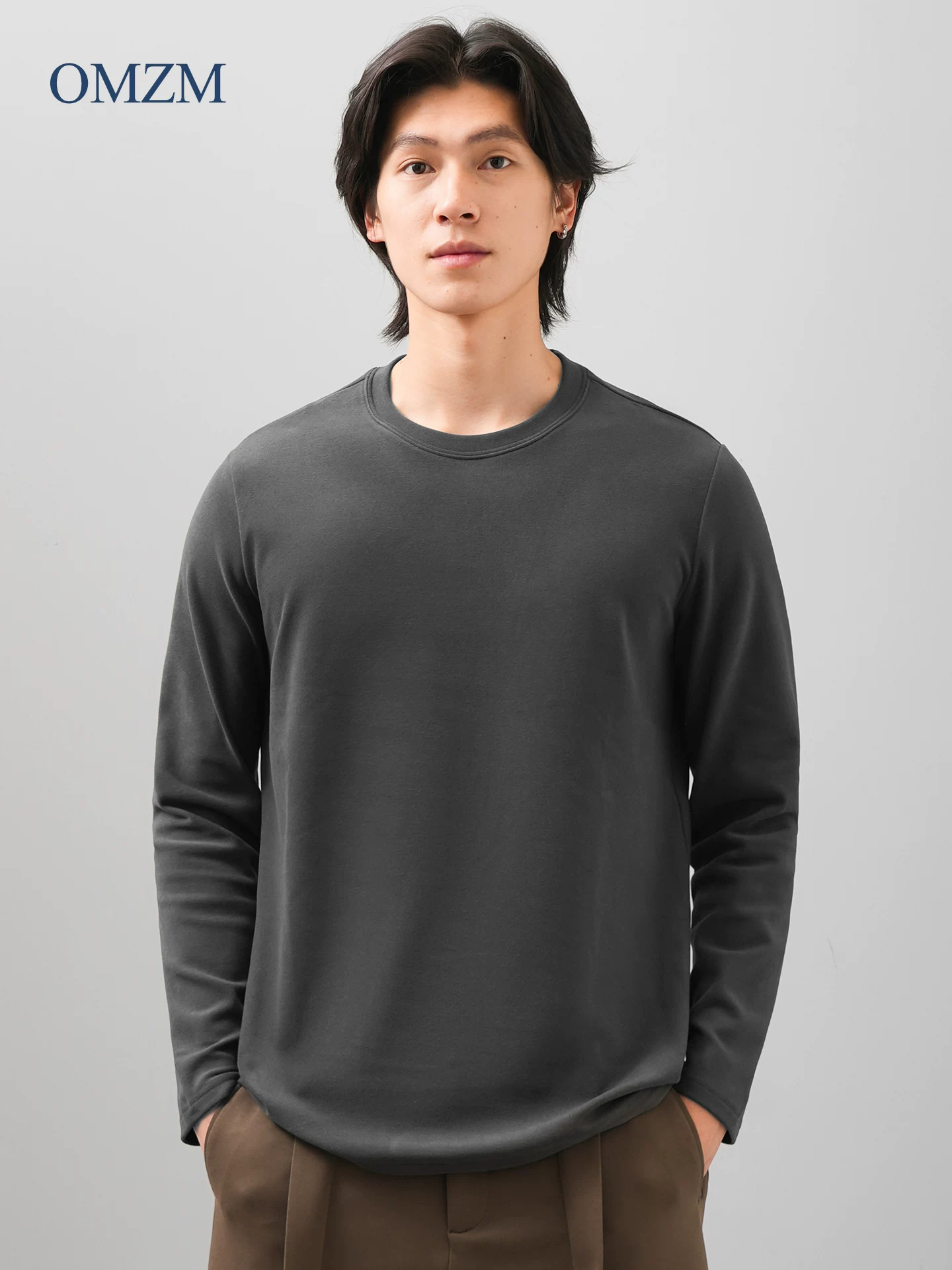 Áo sơ mi lớp lót cổ tròn giữ nhiệt hai mặt OMZM dành cho nam, trang phục bên trong dày dặn ấm áp mùa thu đông, áo thun dài tay hạng nặng 320G.